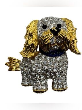 Vintage Butler Signed Shih Tzu Dog Brooch Pavé Rhinestone Gold Tone Blue Collar